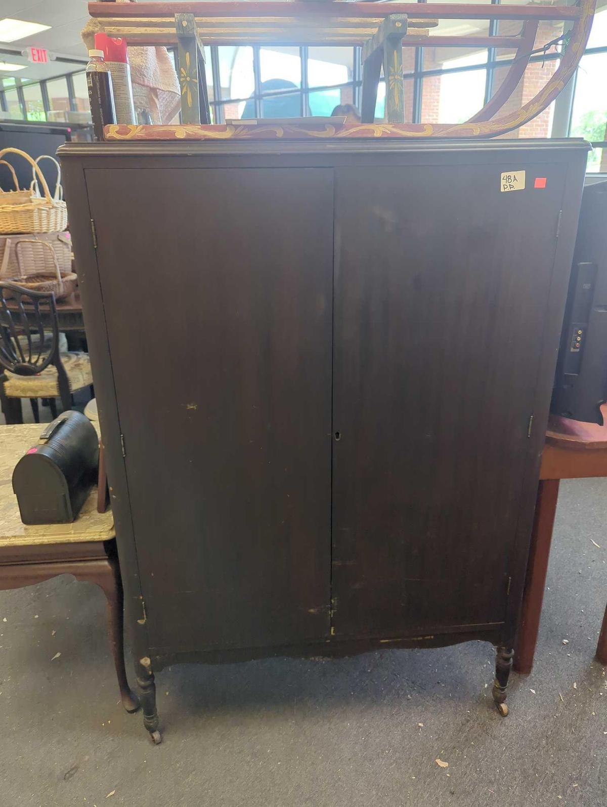 Early 1900's Mens Wardrobe with 2 Doors with 2 Duck Tale Drawers, Mixed Wood of Mahogany, Oak and