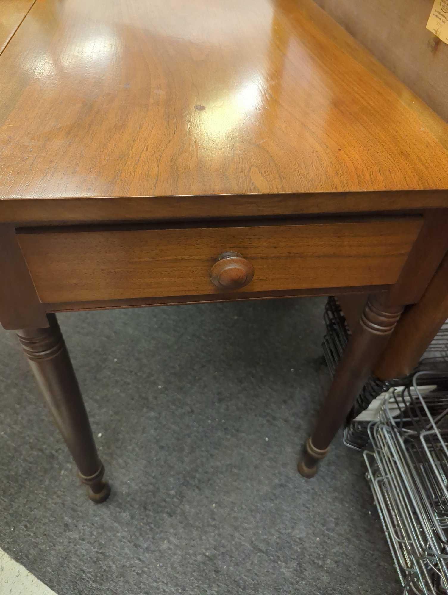 Mid Century Style Walnut Conant Ball Drop Leaf Table with 1 Drawer, Approximemt Dimensions (Open) -