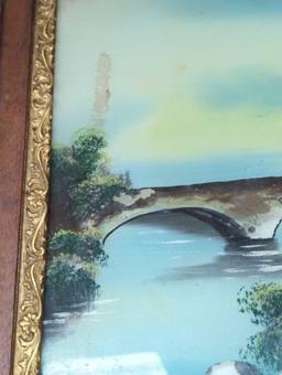 Framed Landscape Painting in the Reverse Paint on Glass Style, Some Spot are Missing the Paint on