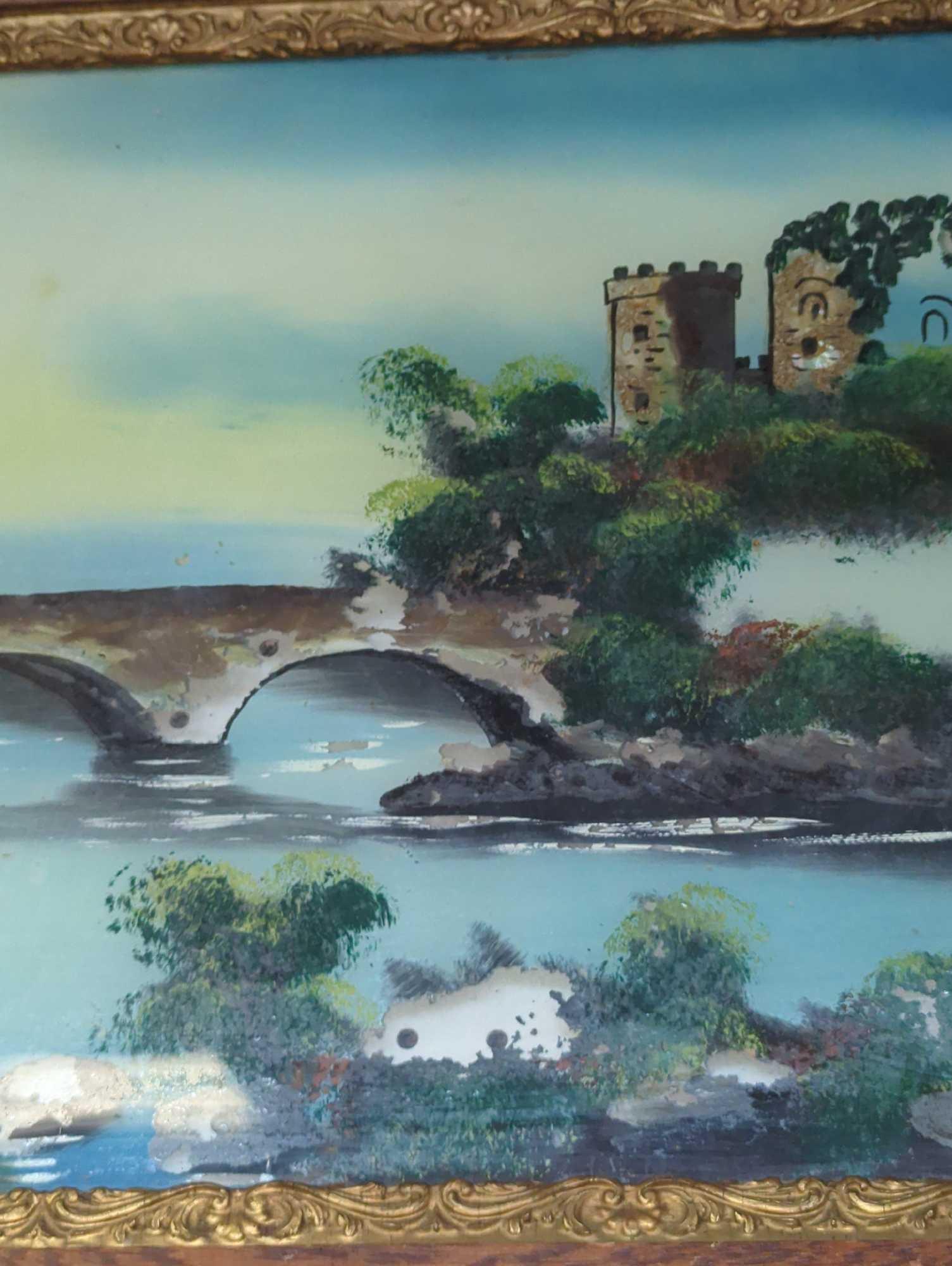 Framed Landscape Painting in the Reverse Paint on Glass Style, Some Spot are Missing the Paint on