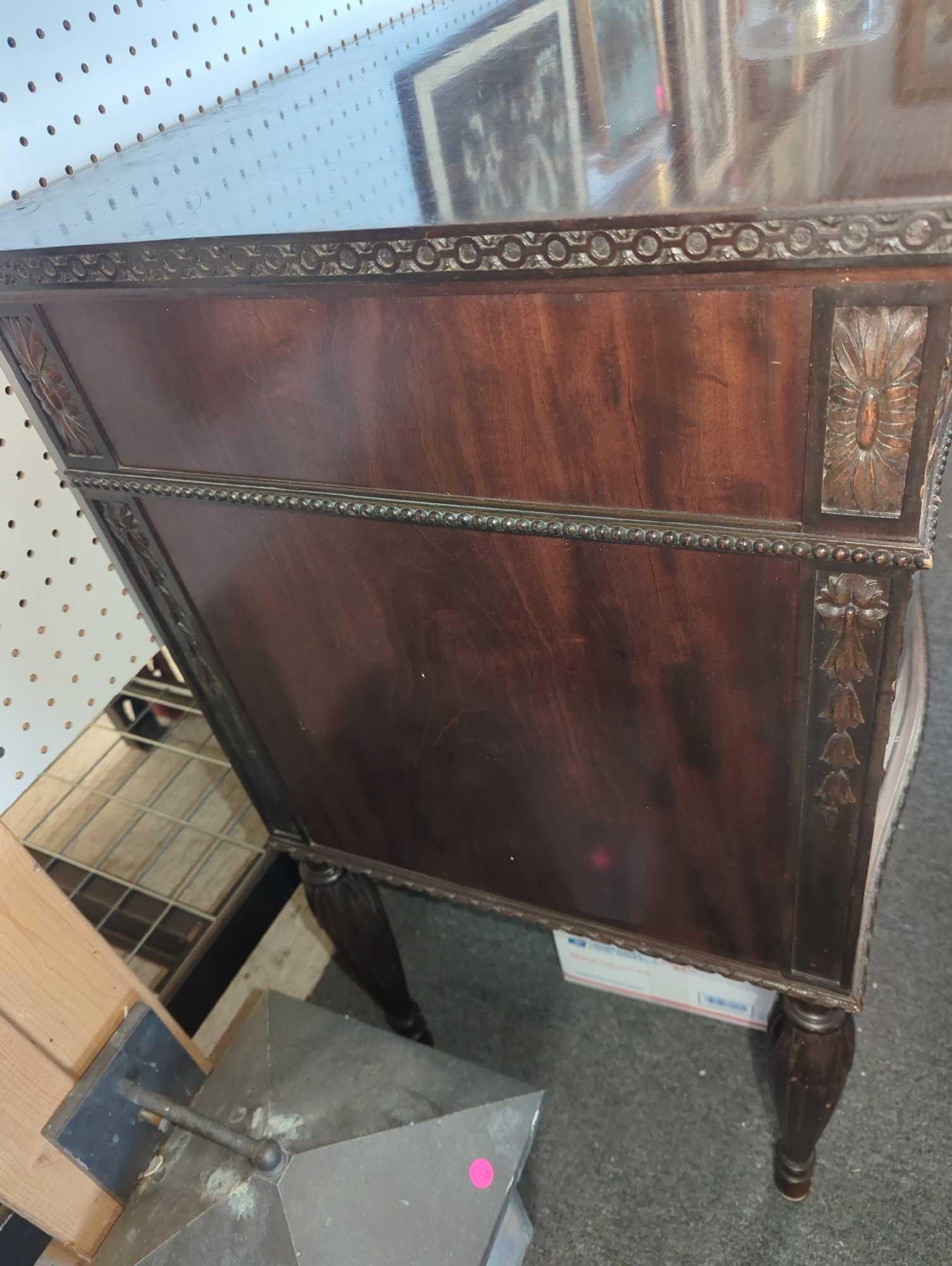 Old Style Mahogany Buffet with 2 Gallery Doors, 2 Wood Doors and 3 Drawers, 3 Different Keys To Open