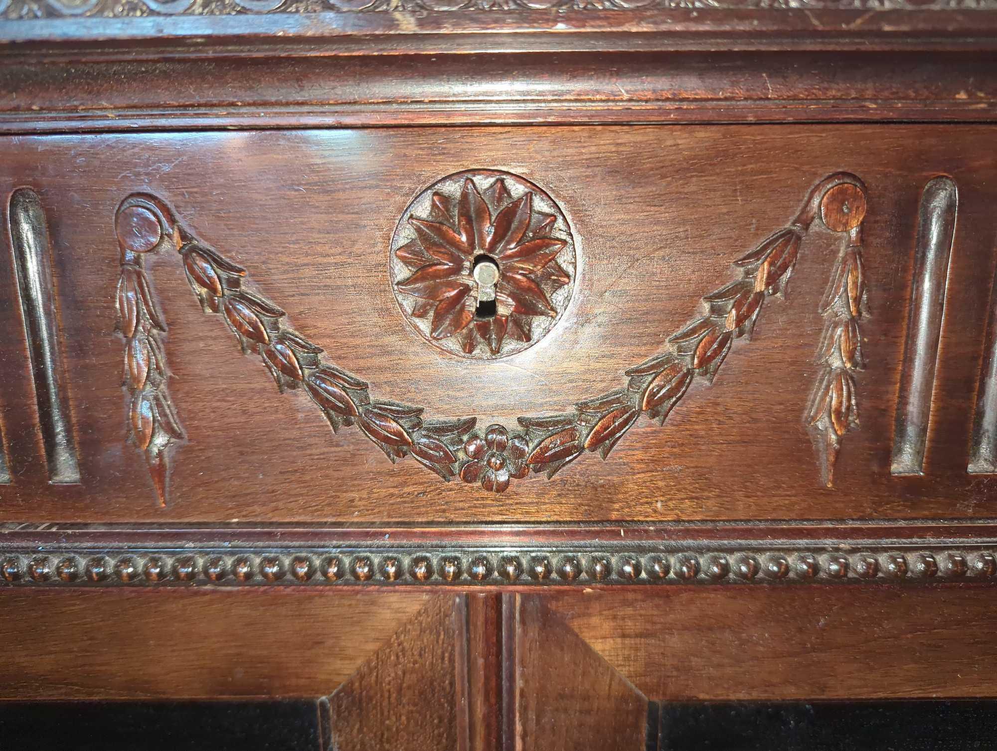 Old Style Mahogany Buffet with 2 Gallery Doors, 2 Wood Doors and 3 Drawers, 3 Different Keys To Open