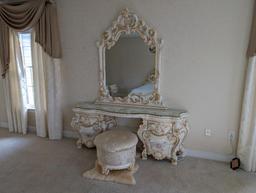 SILIK VANITY, MIRROR & ROUND STOOL SET. NICE CARVED FLORAL DETAILS ON THE VANITY AND MIRROR.