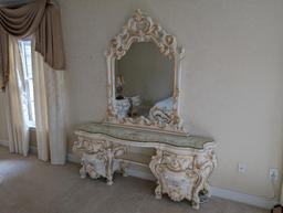 SILIK VANITY, MIRROR & ROUND STOOL SET. NICE CARVED FLORAL DETAILS ON THE VANITY AND MIRROR.