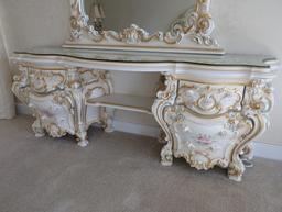 SILIK VANITY, MIRROR & ROUND STOOL SET. NICE CARVED FLORAL DETAILS ON THE VANITY AND MIRROR.