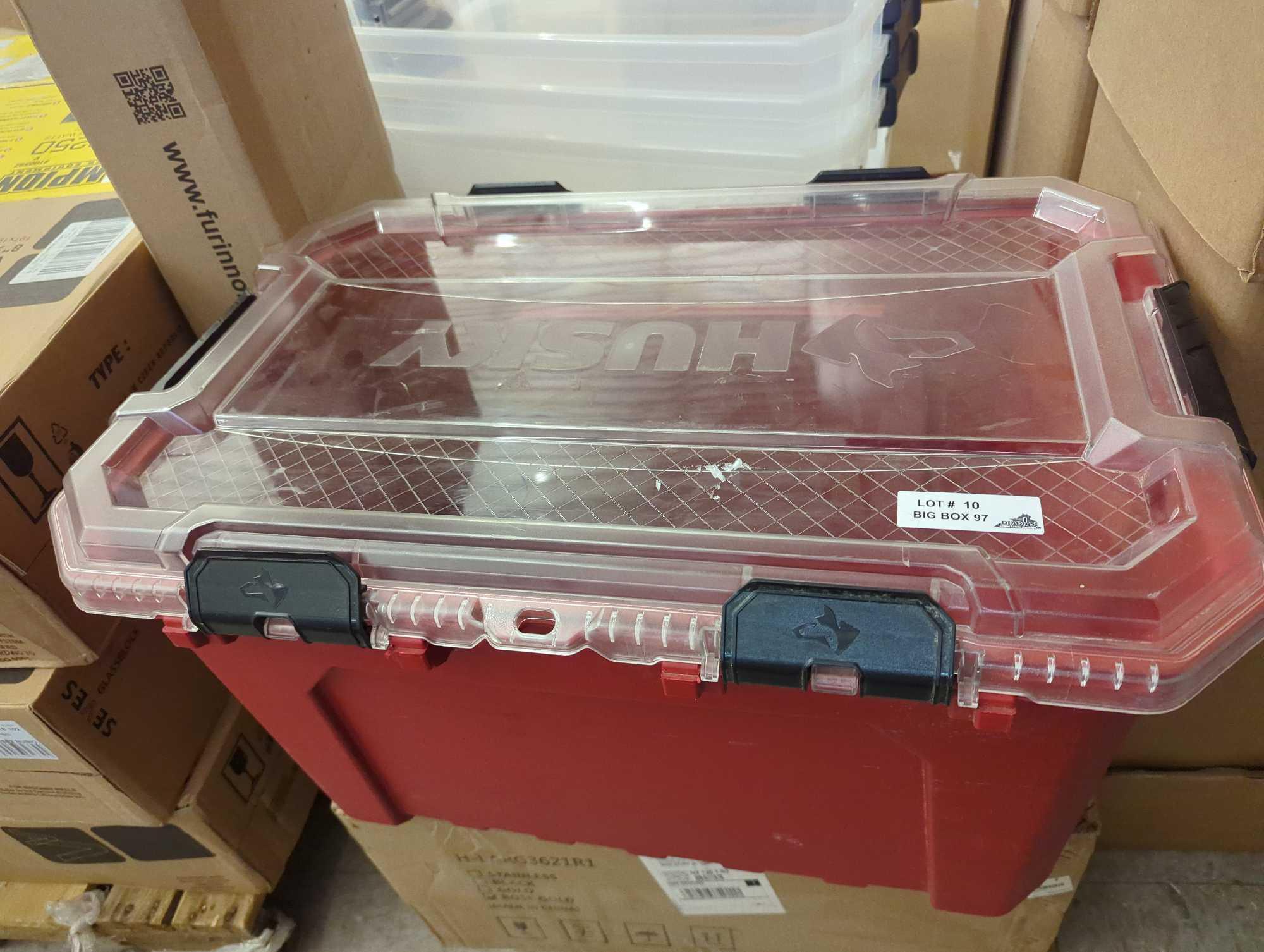 Husky 20-Gal. Professional Duty Waterproof Storage Container with Hinged Lid in Red, Appears to be