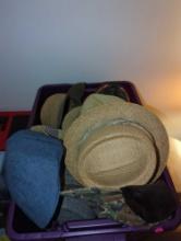 (LR) TOTE LOT OF MISC HATS, STRAW HATS, JOHN DEERE, GREEN TOP, ETC