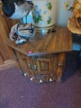 (LR)PAIR OF HEXAGONAL WOOD SIDE TABLES, 1 DOOR, 27"X 22 1/2"X18 1/2"H