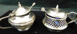 Sterling Silver - 2 Honey / Mustard Pots with Cobalt Liners and Spoons - 82.0 Grams