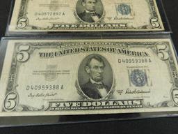 2 Blue Seal 1953 $5 US Silver Certificates