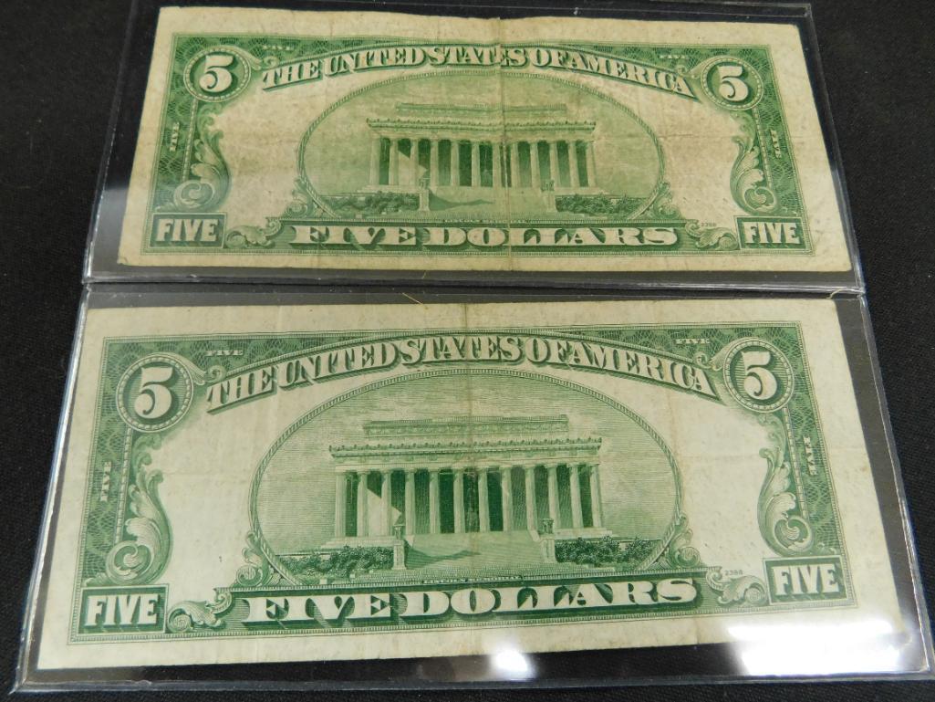 2 Blue Seal 1953 $5 US Silver Certificates