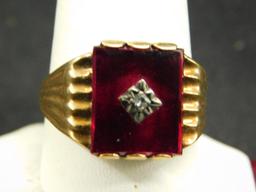 10K Yellow Gold - Ring - Size 13 - Red Stone with Diamond - 7.6 Grams TW