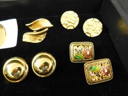 Tray Lot of Costume Jewelry - 20 Pairs of Gold Tone Earrings - Some Signed