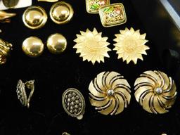 Tray Lot of Costume Jewelry - 20 Pairs of Gold Tone Earrings - Some Signed