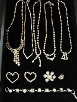 Tray Lot of Costume Jewelry - Clear Stones - 5 Necklaces - 1 Bracelet - 2 Heart Pins - Plus