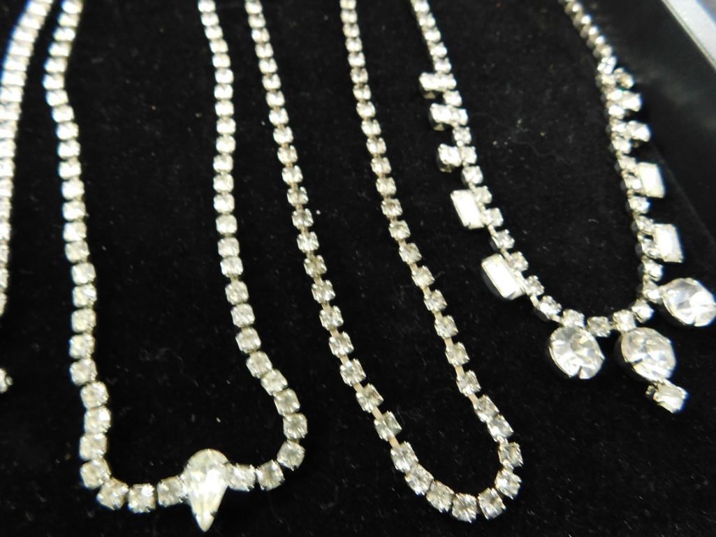 Tray Lot of Costume Jewelry - 7 Vintage Clear Rhinestone Necklaces