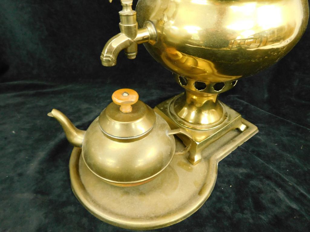 Vintage Brass Samovar with Tray and Pot - 22" x 10" x 12.5"