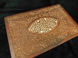 Vintage Carved Hinged Lid Box with Bone Inlay - 3.5" x 12" x 8"