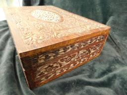 Vintage Carved Hinged Lid Box with Bone Inlay - 3.5" x 12" x 8"