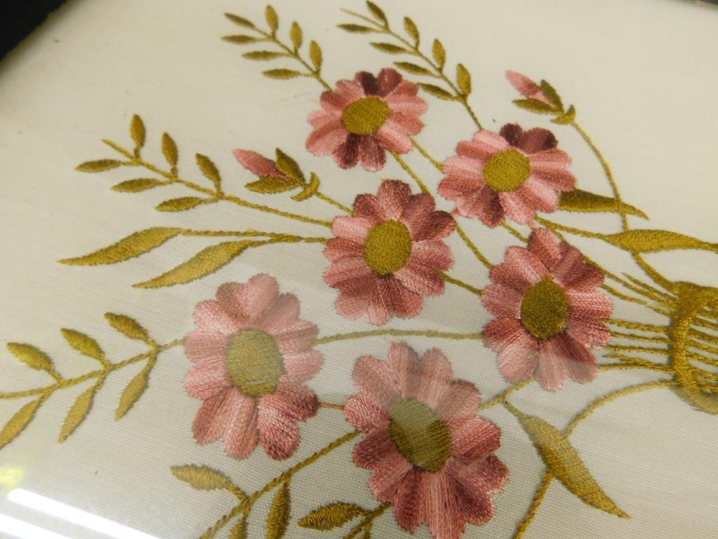 Vintage Wood Tray with Handles - Glass Covered Embroidery - 18" x 11.5"