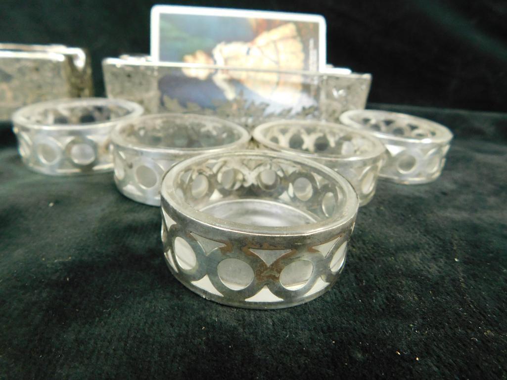 5 Sterling Silver Salt Cellars with Glass Inserts - Silver Overlay Card Holder