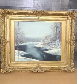 WINTER LANDSCAPE ORNATE FRAMED CANVAS PAINTING