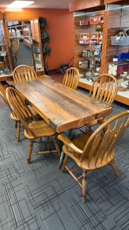 ANTIQUE OAK DOOR TABLE AND FARMHOUSE CHAIRS