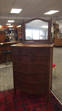 INLAID WOOD CHEST OF DRAWERS W MIRROR