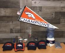 BRONCOS MERCH BEER GLASSES, MINI WATER JUG, & HATS