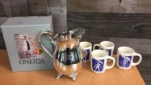 BRYAN MORTON SALT MUGS, ONEIDA SILVERPLATE PITCHER