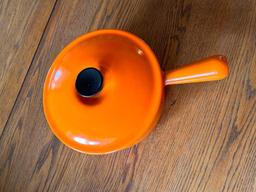 Le Creuset Cast Enamel Ribbed Bottom Orange Flame Sauce Pan w/ Lid, No. 20