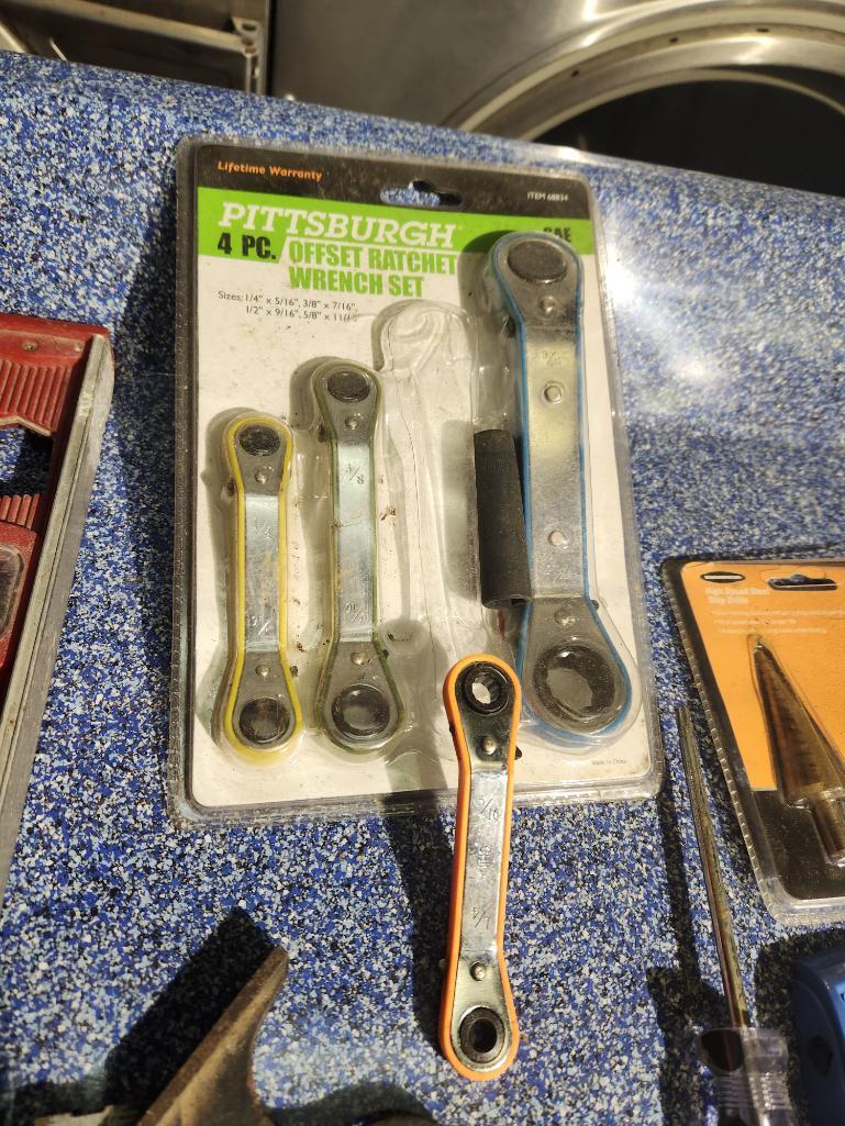 Group of Tools, Drill Bits, Wrenches, Ax, Square, Grinding Wheels and More