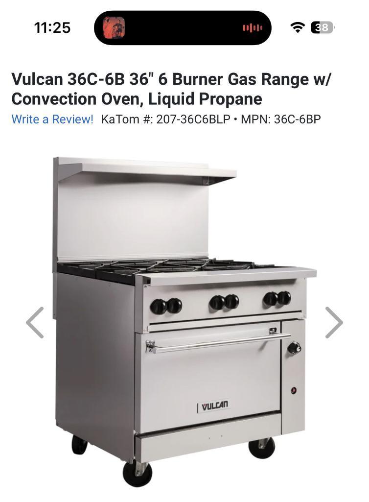 Vulcan 36C-6B 36in 6-Burner Gas Range w/ Convection Oven, Gas, Pre-Owned, Disassembled, Untested,