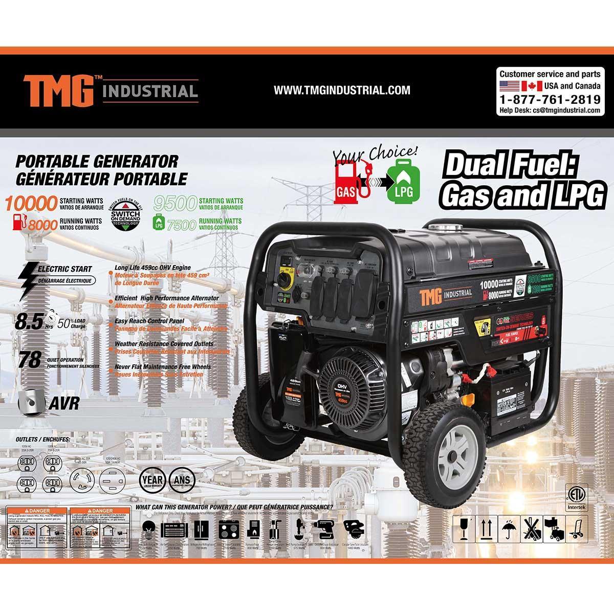 NEW SUPPORT EQUIPMENT New TMG 10000-Watt Dual Fuel Generator (Gasoline and LPG) with Electric Start,