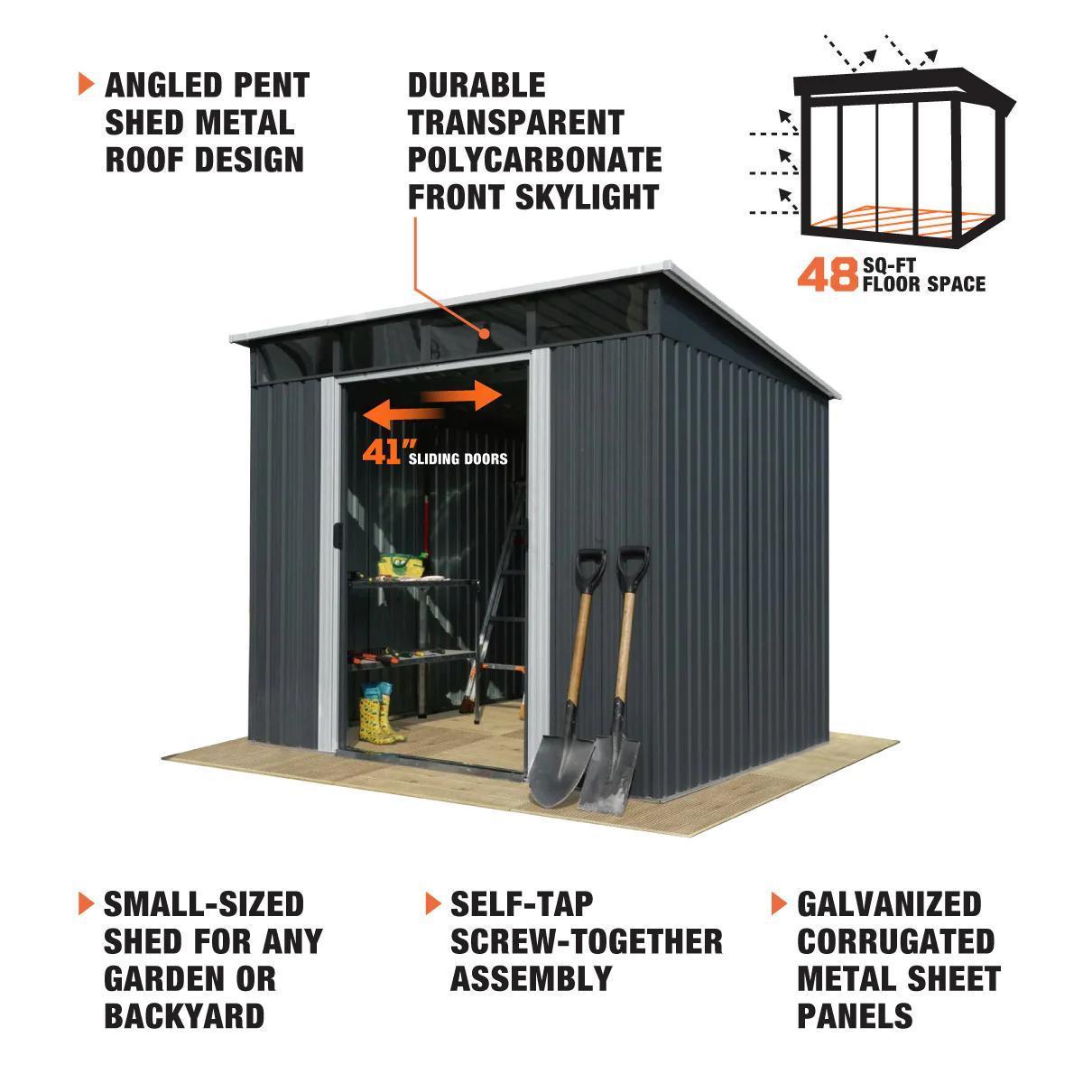 NEW SUPPORT EQUIPMENT NEW TMG 6' x 8' Galvanized Apex Roof Metal Shed, 41'' Sliding Door, 29 GA