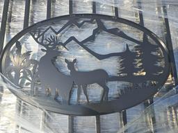 NEW GREATBEAR 14FT. BI-PARTING WROUGHT IRON GATE NEW SUPPORT EQUIPMENT With artwork "Deer" in the