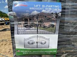 NEW GREATBEAR 14FT. BI-PARTING WROUGHT IRON GATE NEW SUPPORT EQUIPMENT With artwork "Deer" in the