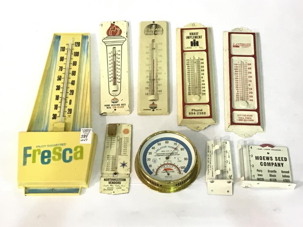 Lot of 9 Adv. Thermometers & Rain Gauges