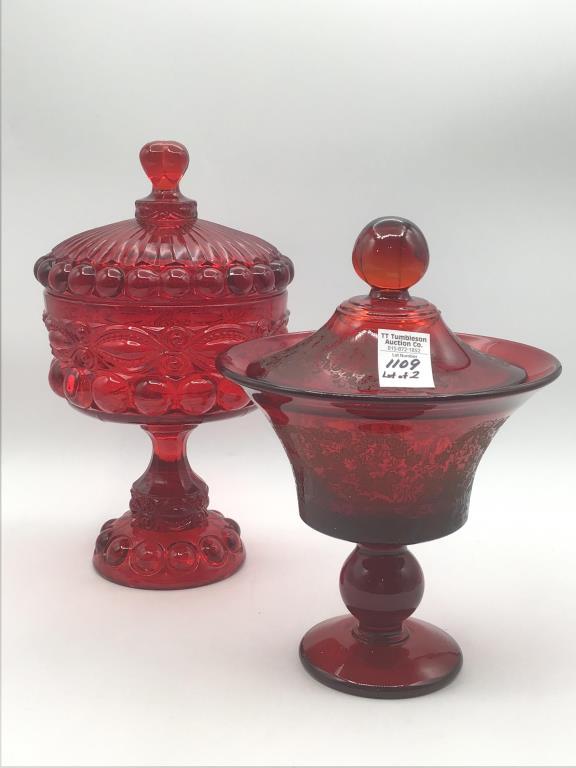 Lot of 2 Red Glass Pedestal Compote Type