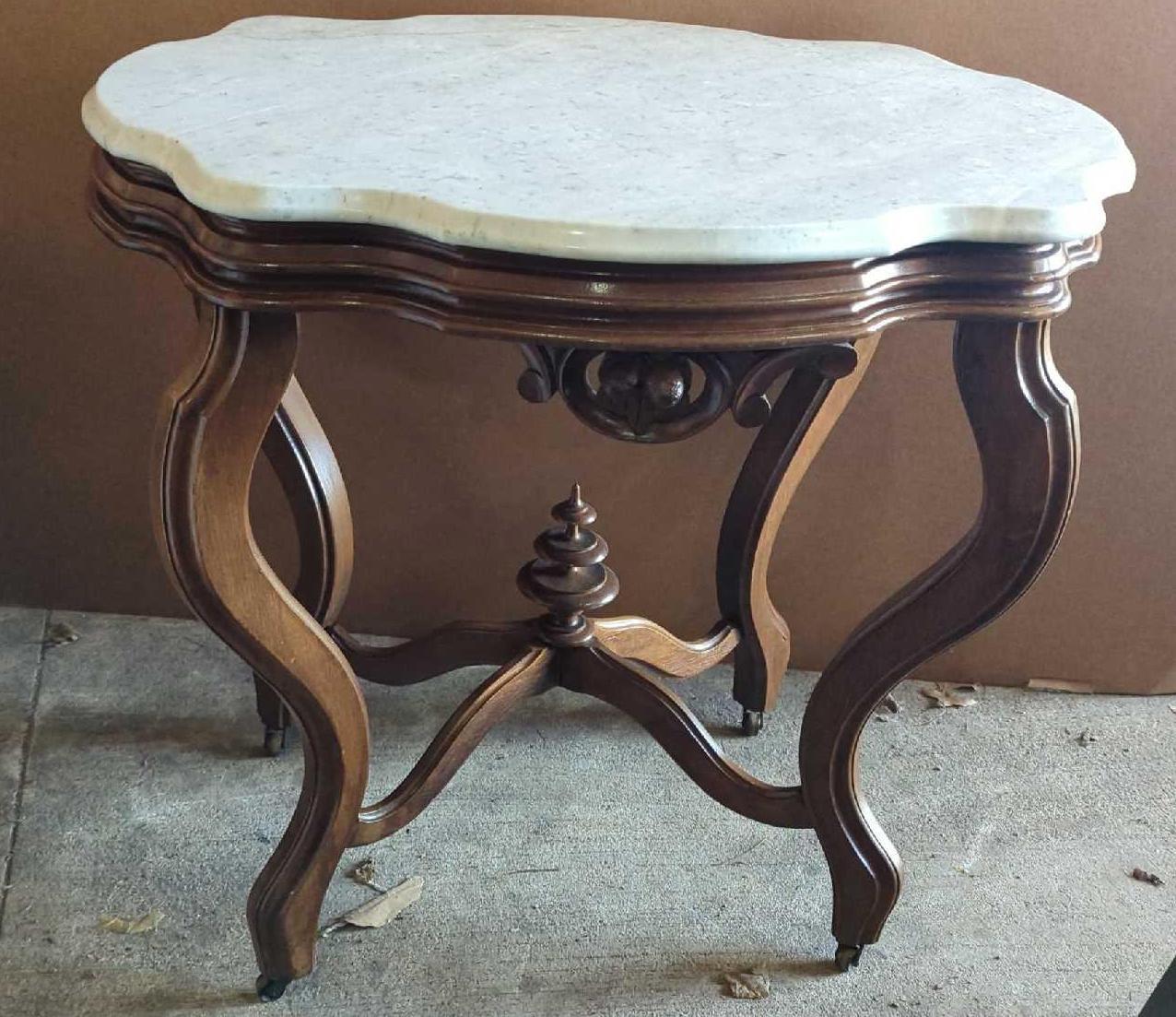 VICTORIAN WALNUT MARBLE TOP TABLE 33"X23"x30"