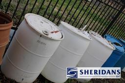 55 GALLON DRUMS: (12) 55 GALLON PLASTIC DRUMS, AND ONE LARGER YELLOW P