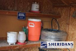 SHED CLEANOUT: SHED CLEAN OUT LOT FEATURING HOSES, FEEDERS, (2) ELECTR