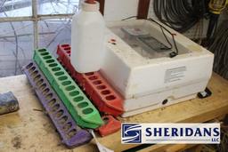 CHICKEN FEEDERS/INCUBATOR: ASSORTED CHICKEN FEEDERS AND INCUBATOR. SEL