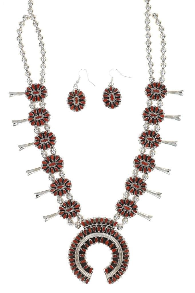 Navajo Silver Branch Coral Turquoise Jewelry Set