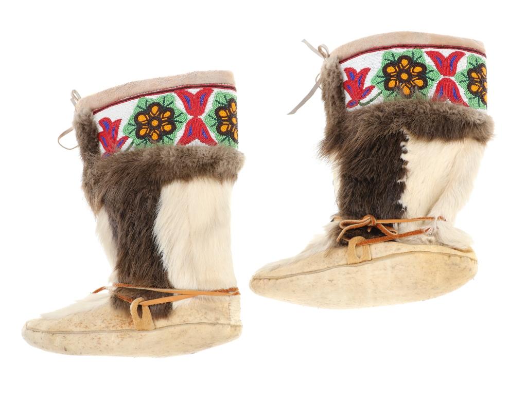 Mid 20th C Inuit First Nations Beaver Beaded Boots