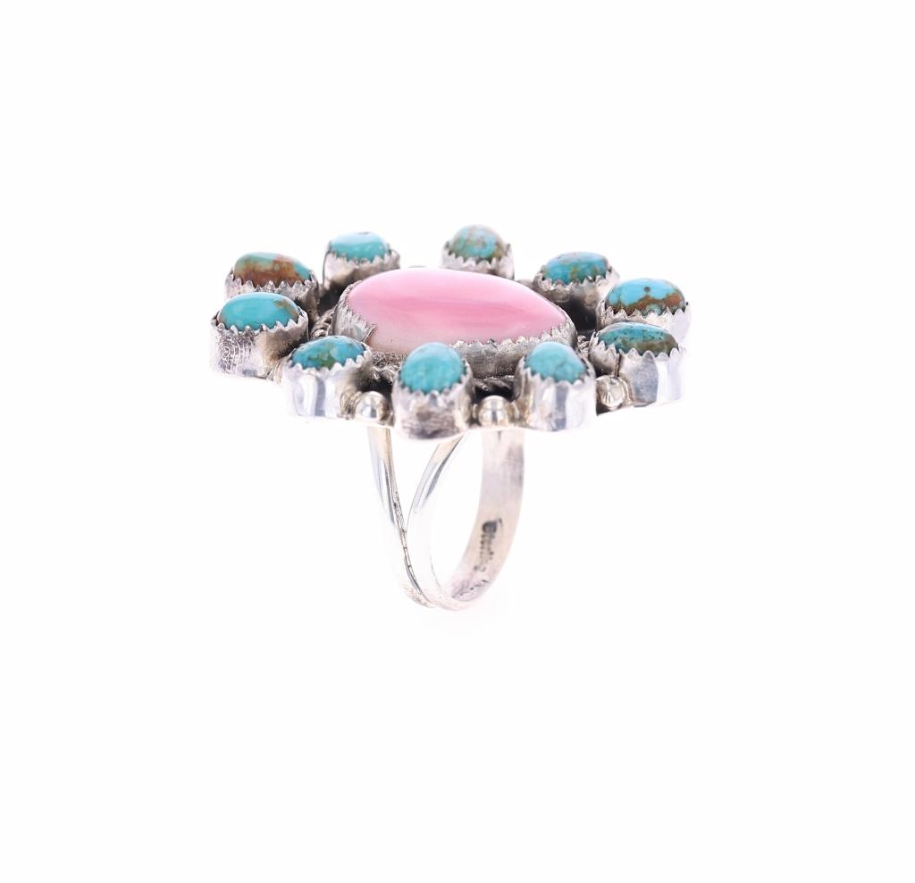 Navajo R. Sam Silver Pink Conch Turquoise Ring