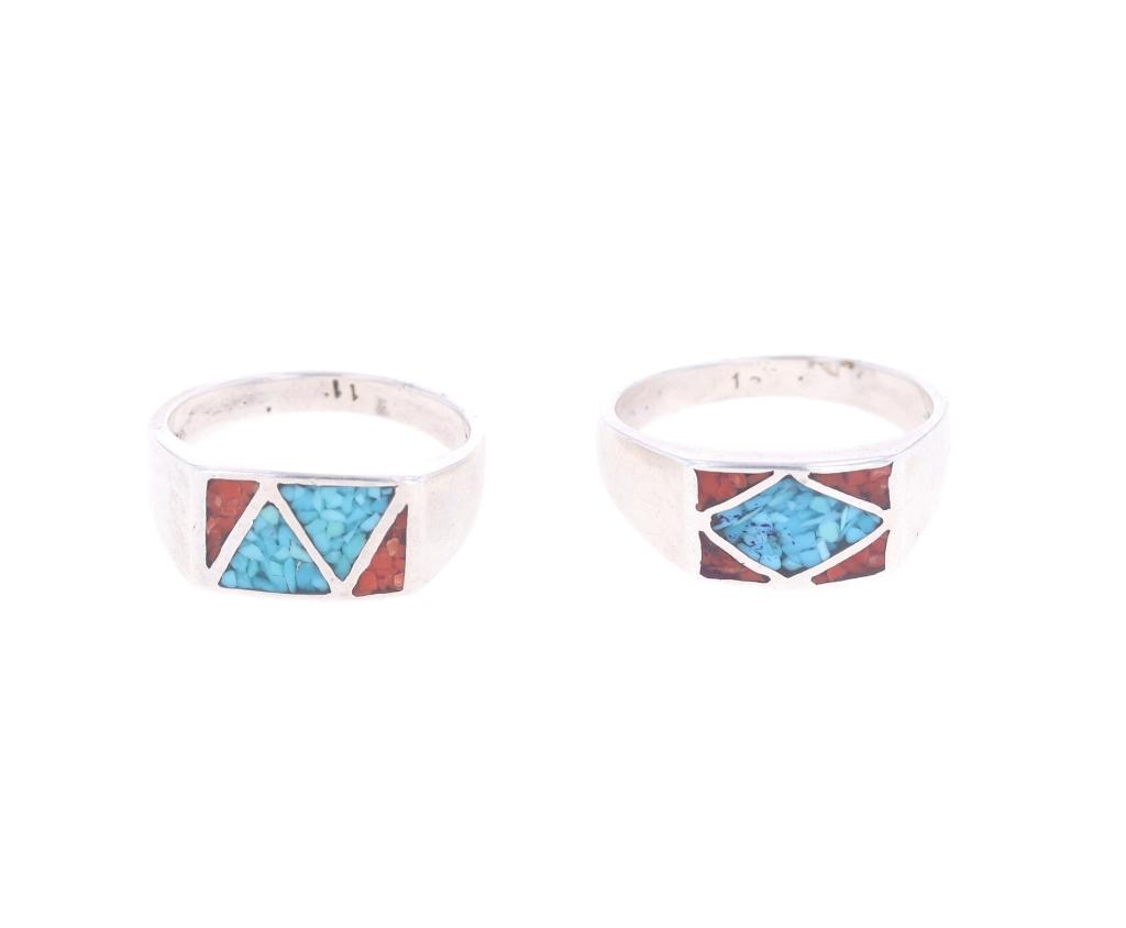 Zuni Sterling Silver Coral & Turquoise Inlay Rings