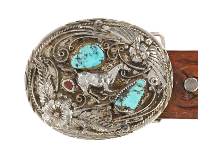 Texas Leather Belt and Silver Turquoise Buckle