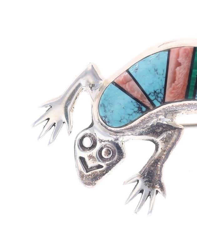 Navajo Sterling Turquoise Inlay Lizard Brooch