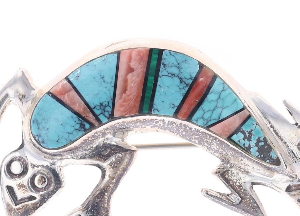 Navajo Sterling Turquoise Inlay Lizard Brooch